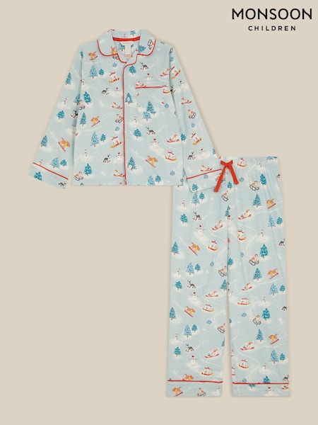 Blue - Monsoon Christmas Skiing Dog Long Pyjamas Set