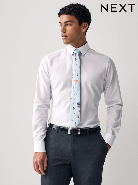 Белый/голубой с цветочным принтом - Обычный крой - Occasion Shirt And Tie Pack (944936) | €20