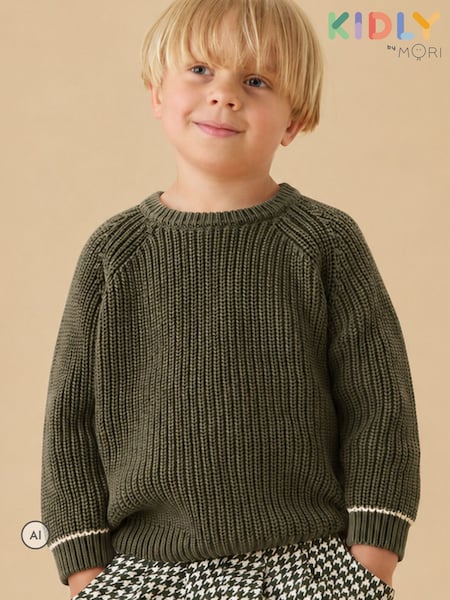 Khaki Green - Kidly By Mori Relaxed Ribbed Knitted Jumper