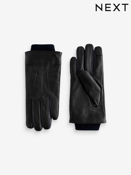 Black/Navy/Blue - Leather Contrast Knitted Cuff Gloves (945455) | €16