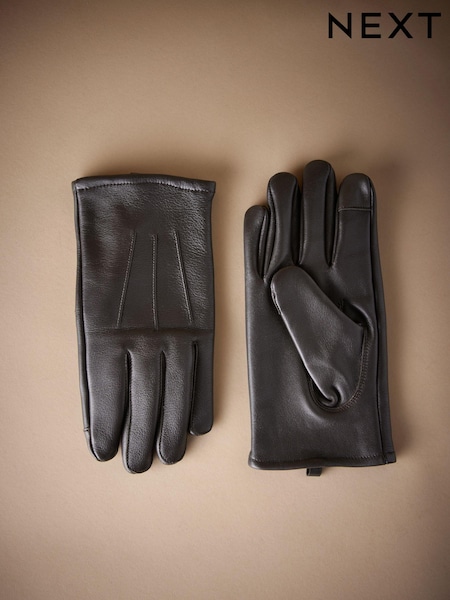 Brown Signature Leather Cashmere Lined Gloves (945547) | AED70
