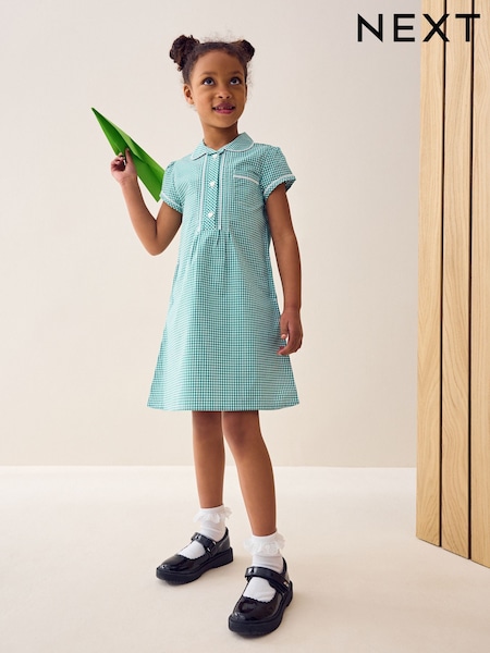 Green Cotton Rich Button Front Lace Gingham School Dress (3-14yrs) (946565) | AED43 - AED58