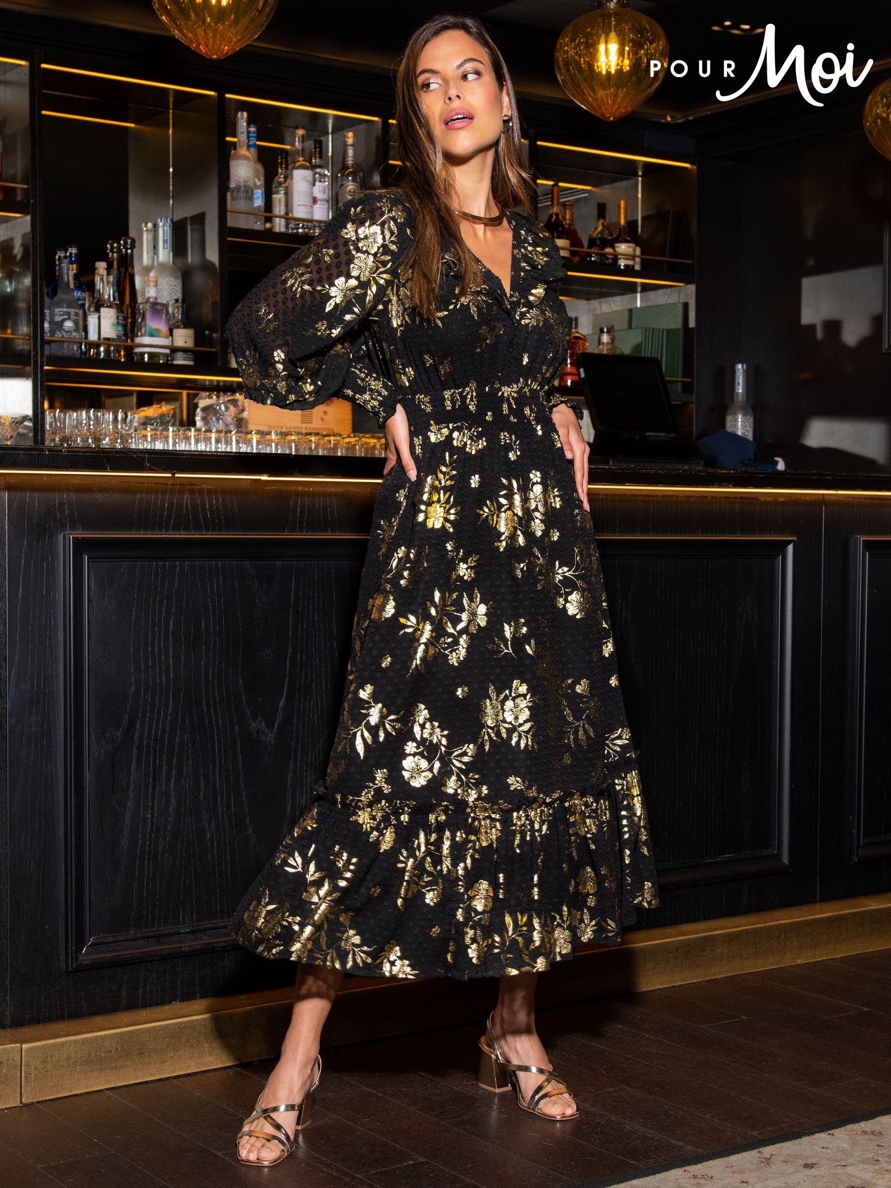 ずっと気になってた Women's Tiered Smock Sparkle Long Sleeve V-Neck Dresses ワンピース
