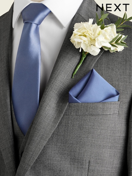 Blue Slim Silk Tie And Pocket Square Set (947314) | 54 QAR
