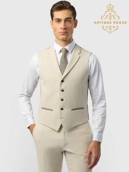 Natural - Regular Antique Rogue Slim Fit Herringbone Tweed Waistcoat