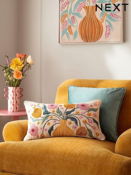 Cream Embroidered Flower Vase 100% Cotton 50 x 30cm Cushion (947690) | €28