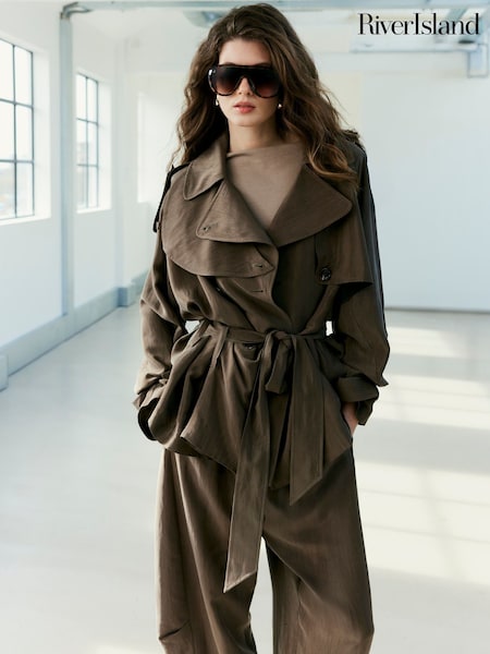 Brązowy - River Island Relaxed Drape Belted Trench Coat