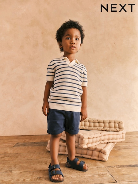 Ecru/Navy 100% Cotton Stripe Short Sleeved Polo Shirt (3mths-7yrs) (948960) | AED35 - AED42