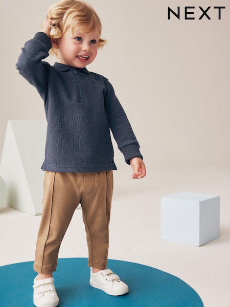 Azul/Castanho - Quarter Zip 100% Cotton Polo and Joggers Set (3mths-7yrs) (948986) | R$ 155 - R$ 195