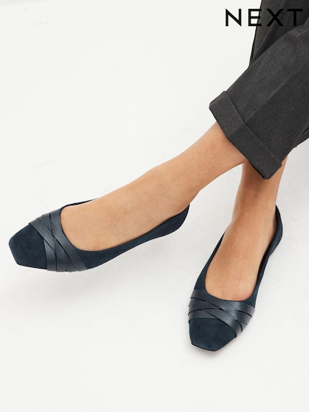 Navy Blue Forever Comfort® Leather Square Toe Ballerina Shoes (949857) | €11