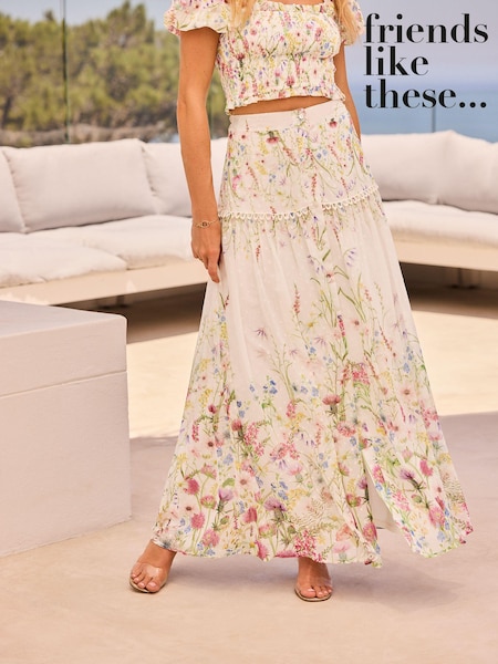 Friends Like These Ivory White Floral Tiered Chiffon Maxi Skirt Co-Ord (949987) | € 35