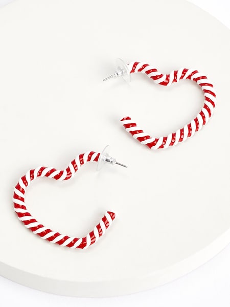 Red/White Christmas Candy Cane Heart Hoop Earrings (950303) | €5