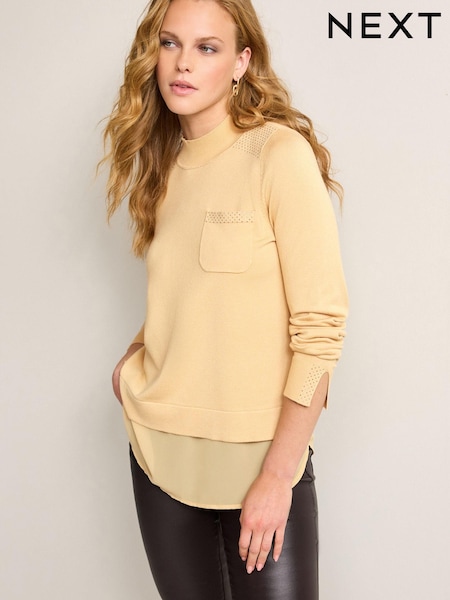 Champagne Gold High Neck Stud Detail Layer Jumper (950319) | €7