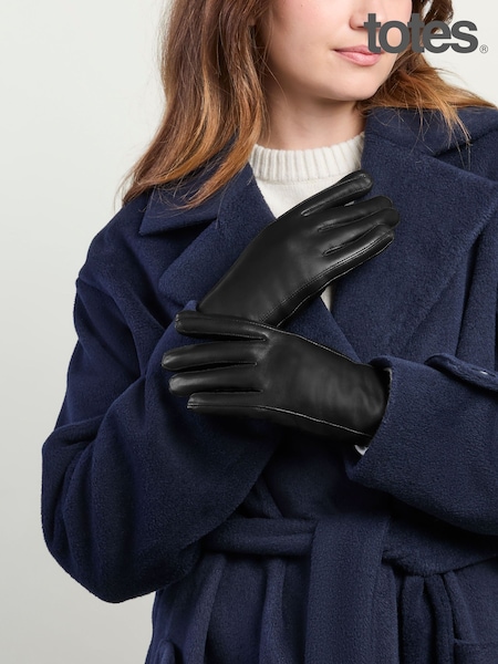 Negro - Totes Isotoner Premium Leather Gloves With Faux Fur Lining And Smartouch
