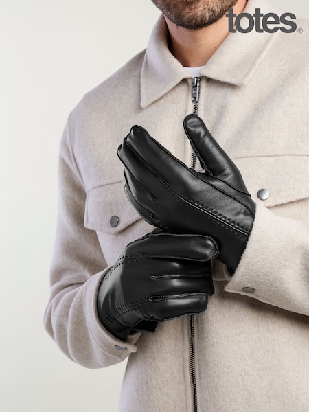 Black - Regular Totes Isotoner Premium Leather Gloves With Stitching Detail And Smartouch