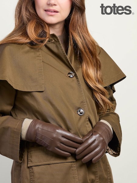 بني - Totes Isotoner Premium Leather Gloves With Knitted Cuff And Smartouch