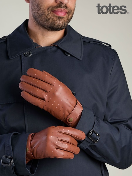 Brun - Regular Totes Isotoner Premium Leather Perforated Driving Gloves With Smartouch