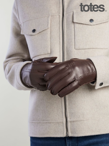 Brown - Regular Totes Isotoner Premium Leather Gloves With Stitching Detail And Smartouch