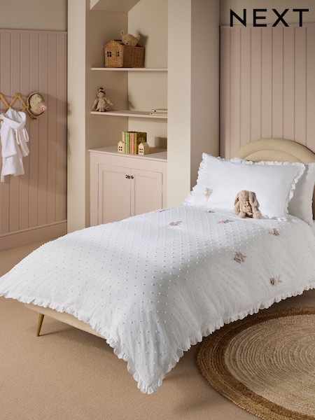 White Embroidered Bunny Ballerinas 100% Cotton Duvet Cover and Pillowcase Set (950688) | $71 - $93