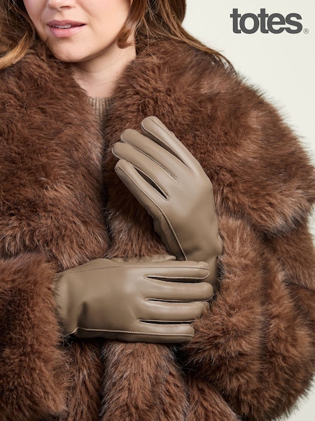 Natural - Totes Isotoner Premium Leather Gloves With Faux Fur Lining And Smartouch