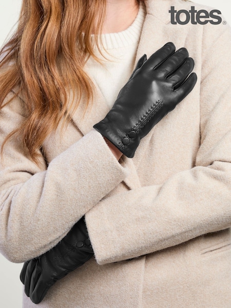 Black - Totes Isotoner Premium Leather Gloves With Cashmere Lining And Smartouch