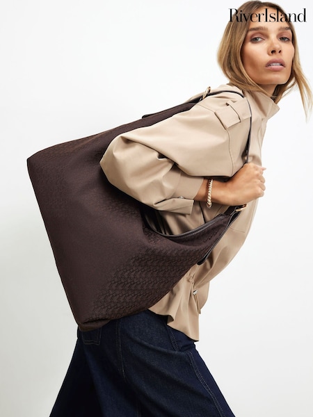 Brown - River Island Monogram Jacquard Slouch Bag