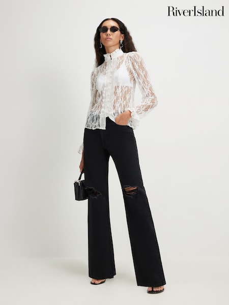 Black - River Island Relaxed Straight Ripped Jeans