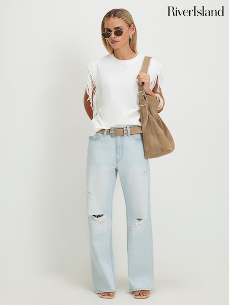 Albastru - River Island Petite Relaxed Straight Ripped Jeans