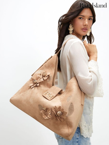 Castanho - River Island 3d Floral Faux Suede Slouch Bag