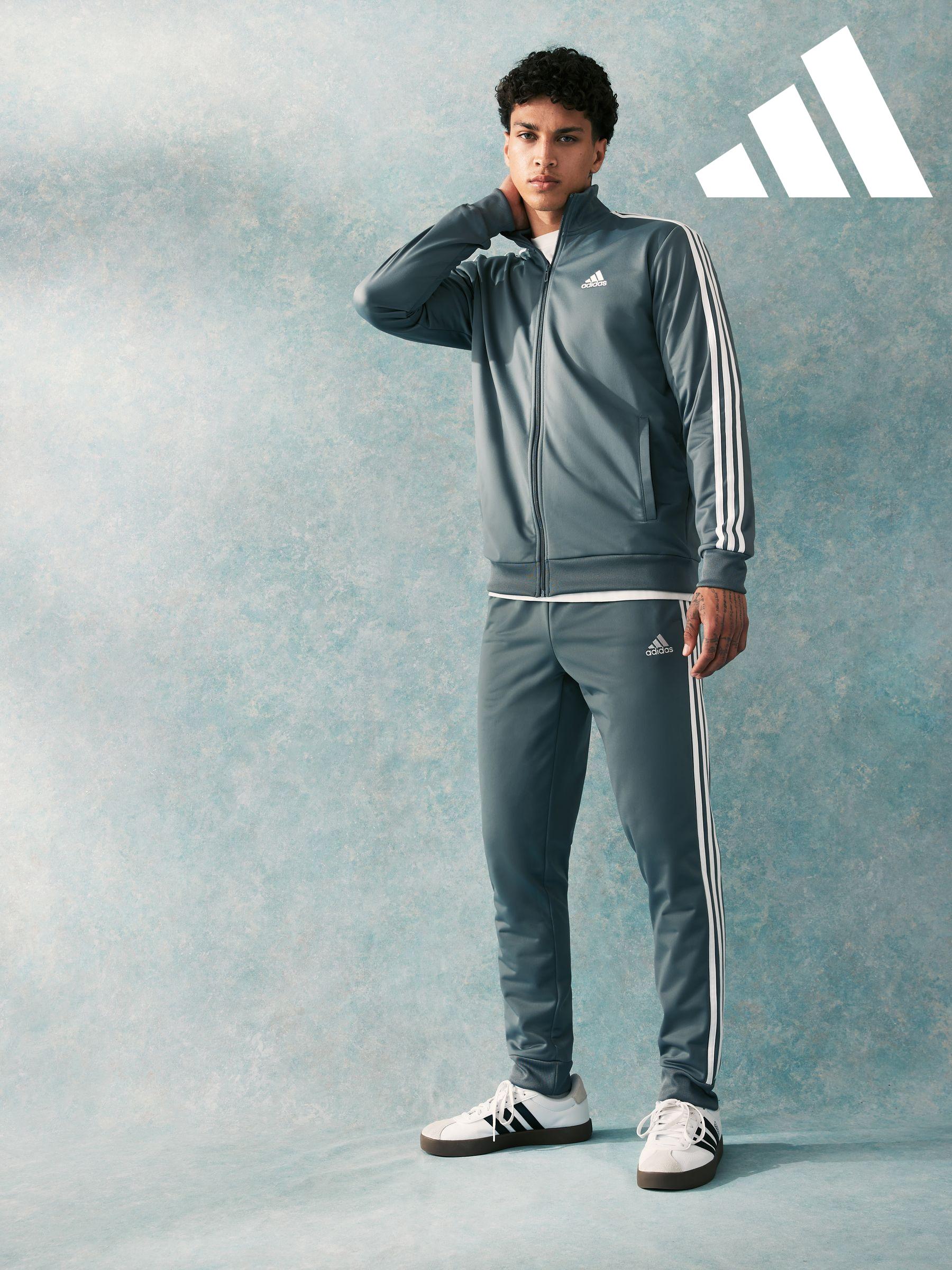 Adidas grey tracksuit blue stripes online