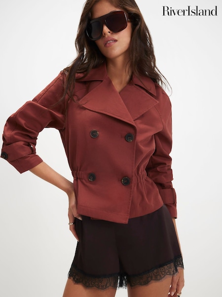 Red - River Island Casual Waisted Crop Trench Jacket
