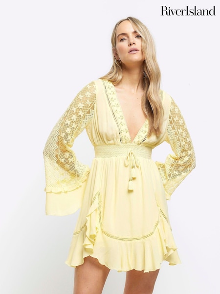 River Island Yellow Angel Sleeve Frill Mini Dress (953648) | €27