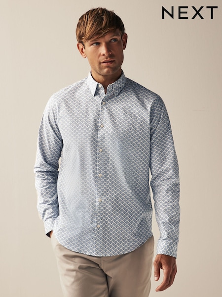 Albastru - Stretch Oxford Printed Long Sleeve Shirt (953857) | 127 LEI