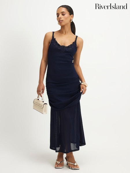 Blue - River Island Petite Lace Trim Drape Midi Dress