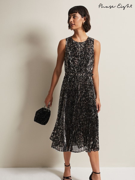 Phase Eight Black Multi Simara Leopard Sequin Pleated Midi Dress (954052) | €83