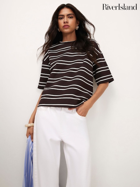 Brown - River Island Stripped Boxy Clean T-shirt