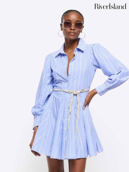River Island Blue Stripe Belted Mini Shirt Dress (954340) | €27
