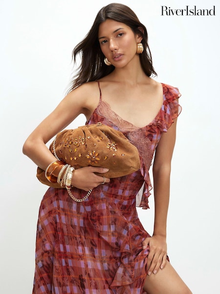 Қоңыр - River Island Encrusted Ruched Suede Clutch