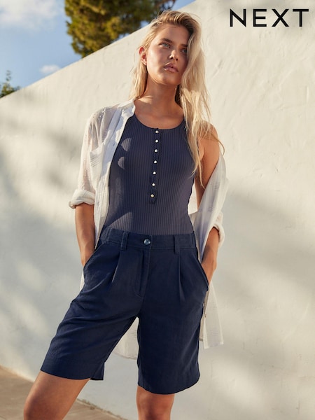 Navy Blue Linen Blend Knee Length Shorts (954436) | €13
