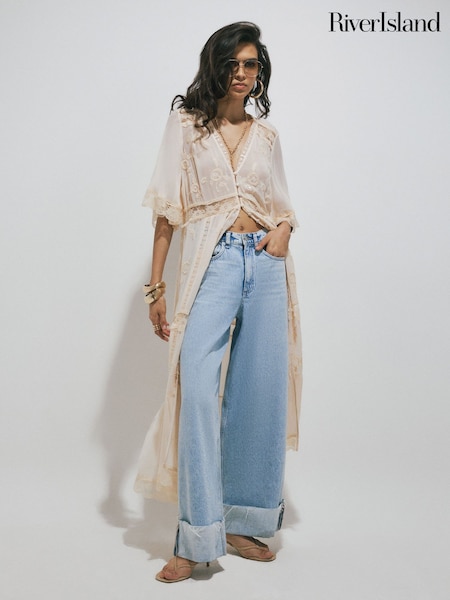 Cream - River Island Soft Embroidered Button Through Midi Dress