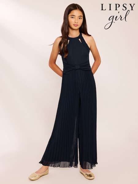 Navy Blue - Lipsy Halter Pleated Occasion Jumpsuit (7-16yrs)