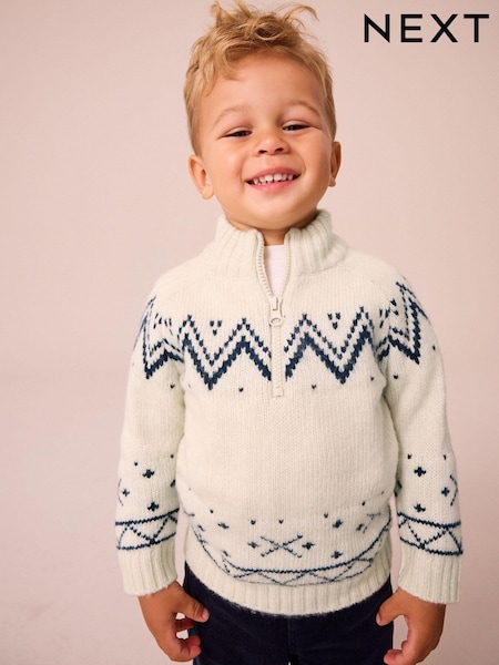 Ecru Cream Fairisle Pattern Quarter Zip Jumper (3mths-7yrs) (954824) | €16 - €20