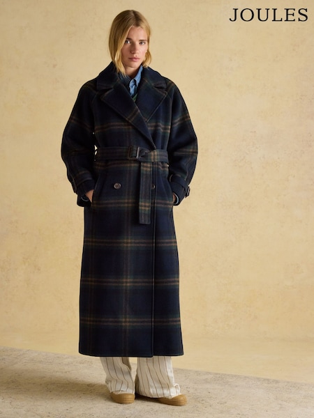 Joules Amberley Navy Blue Longline Wool Blend Coat with Belt (954828) | R$ 1,965