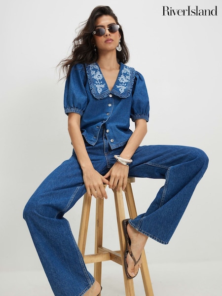 Blue - River Island Puff Sleeve Embroidered Collar Blouse