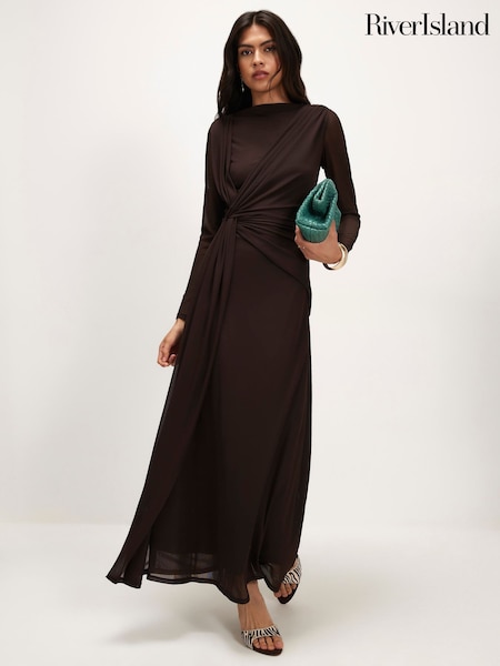 Brown - River Island Sheer Drape Maxi Dress