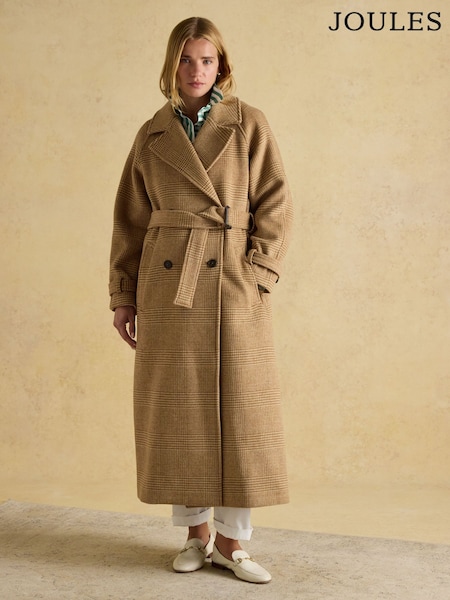 Joules Amberley Tan Brown Longline Wool Blend Coat with Belt (955111) | R$ 1,965