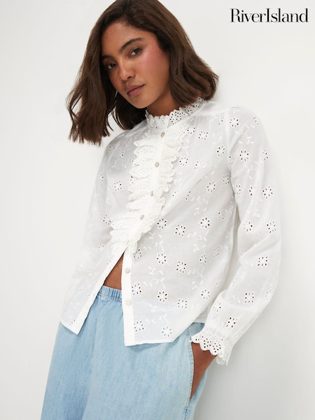 White - River Island Long Sleeve Broderie Ruffle Blouse