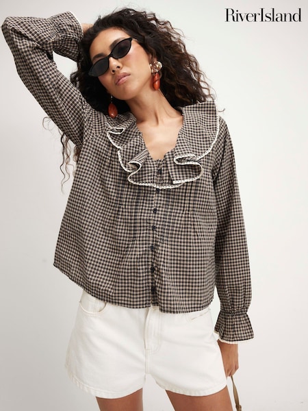 שחור - River Island Check Lace Ruffle Blouse