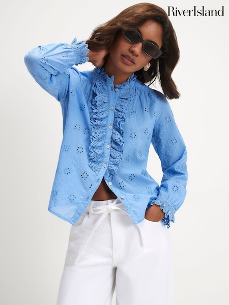 Blue - River Island Long Sleeve Broderie Ruffle Blouse