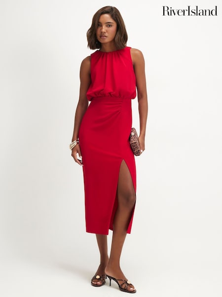 Red - River Island Crew Neck Ruched Side Midi Dress